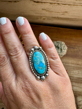 Load image into Gallery viewer, Long Ring- adjustable- Kingman turquoise ring and sterling silver
