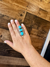 Load image into Gallery viewer, Long Ring- adjustable- 3 stone turquoise ring and sterling silver
