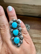 Load image into Gallery viewer, Long Ring- adjustable - 3 Kingman turquoise ring and sterling silver
