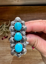 Load image into Gallery viewer, Long Ring- adjustable - 3 Kingman turquoise ring and sterling silver
