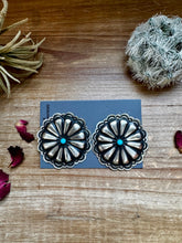 Load image into Gallery viewer, Bigger Round Sterling silver stud earrings with turquoise
