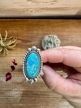 Load image into Gallery viewer, Long Ring- adjustable- Kingman turquoise ring and sterling silver
