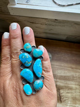 Load image into Gallery viewer, Long Ring- adjustable- Kingman turquoise ring and sterling silver
