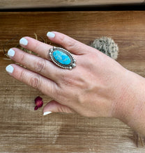 Load image into Gallery viewer, Long Ring- adjustable- Kingman turquoise ring and sterling silver
