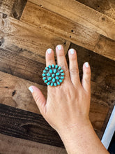 Load image into Gallery viewer, Round Cluster ring- adjustable - Kingman turquoise ring and sterling silver
