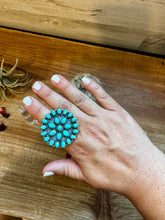 Load image into Gallery viewer, Round Cluster ring- adjustable - Kingman turquoise ring and sterling silver
