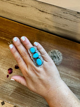 Load image into Gallery viewer, Long Ring- adjustable- 3 stone turquoise ring and sterling silver
