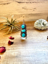 Load image into Gallery viewer, Long Ring- adjustable- 3 stone turquoise ring and sterling silver
