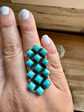 Load image into Gallery viewer, Long Ring- adjustable- multi stone Kingman turquoise ring and sterling silver
