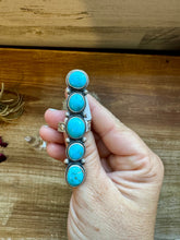 Load image into Gallery viewer, Long Ring- adjustable- Kingman turquoise ring and sterling silver
