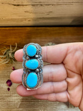 Load image into Gallery viewer, Long Ring- adjustable- 3 stone turquoise ring and sterling silver
